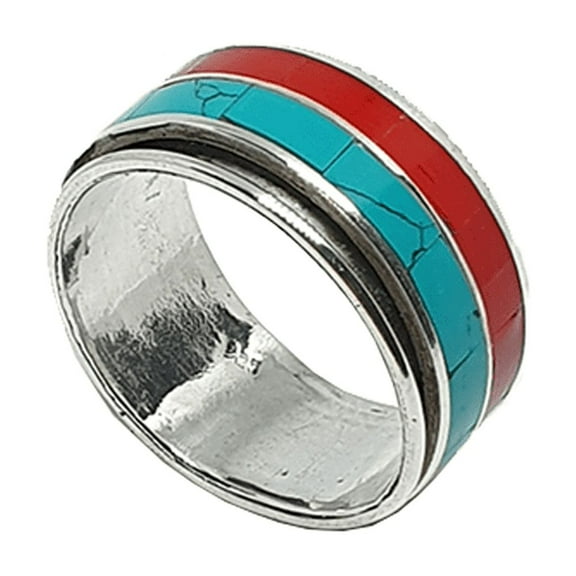 Tibetan Silver Turquoise & Coral Spinner Ring 925 Sterling Silver Handmade Band for Women & Men