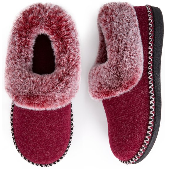 EverFoams Ladies' Luxury Wool Memory Foam Slippers with Fluffy Faux Fur Collar and Indoor Outdoor Sole