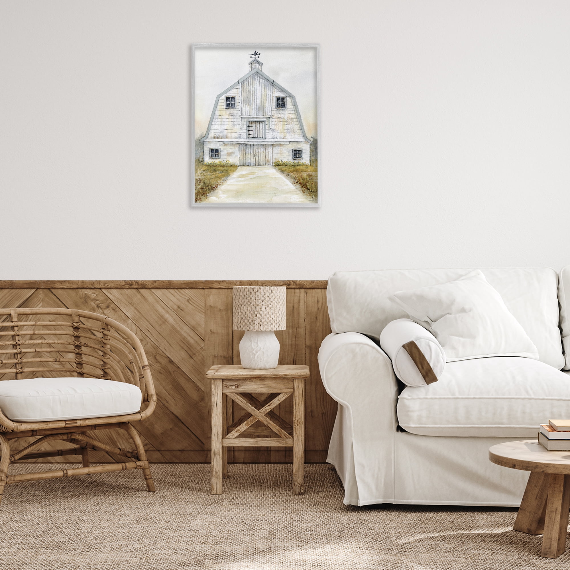 Stupell Industries White Barn Grey Trim Landscape Painting Gray Framed Art Print Wall Art, 24 x 30