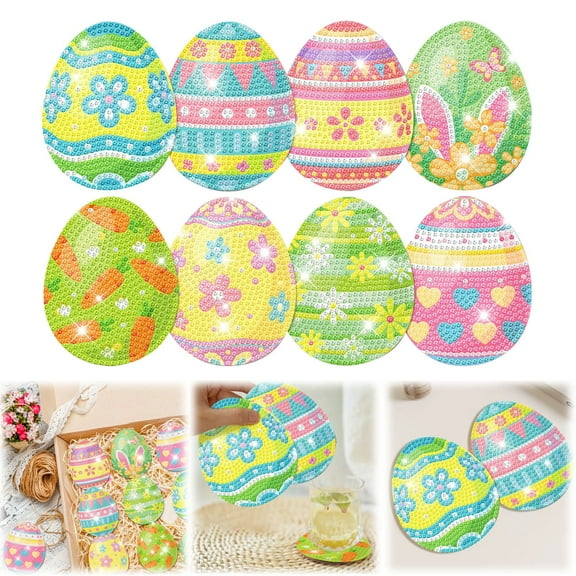 Ympkerial Easter Diamond Painting Coasters Kit, Easter Egg Shaped DIY Art Coaster Set with Holder, 8 Piece 5D Diamond Art Craft for Beginners and Adults