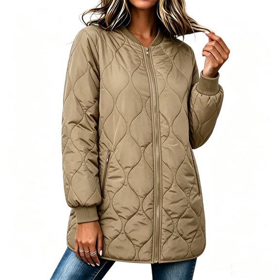Vivianyo HD Women's Bomber Collar Long Quilted Jacket, Long Sleeve Lightweight Zip Up Winter Coat with Pockets, Sizes S-2XL