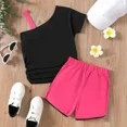 thumbnail image 2 of PatPat Girls Clothing Sets Kids Letter Print One Shoulder Top and Shorts Outfits Set, Black, 5-6 Years, 2 of 6
