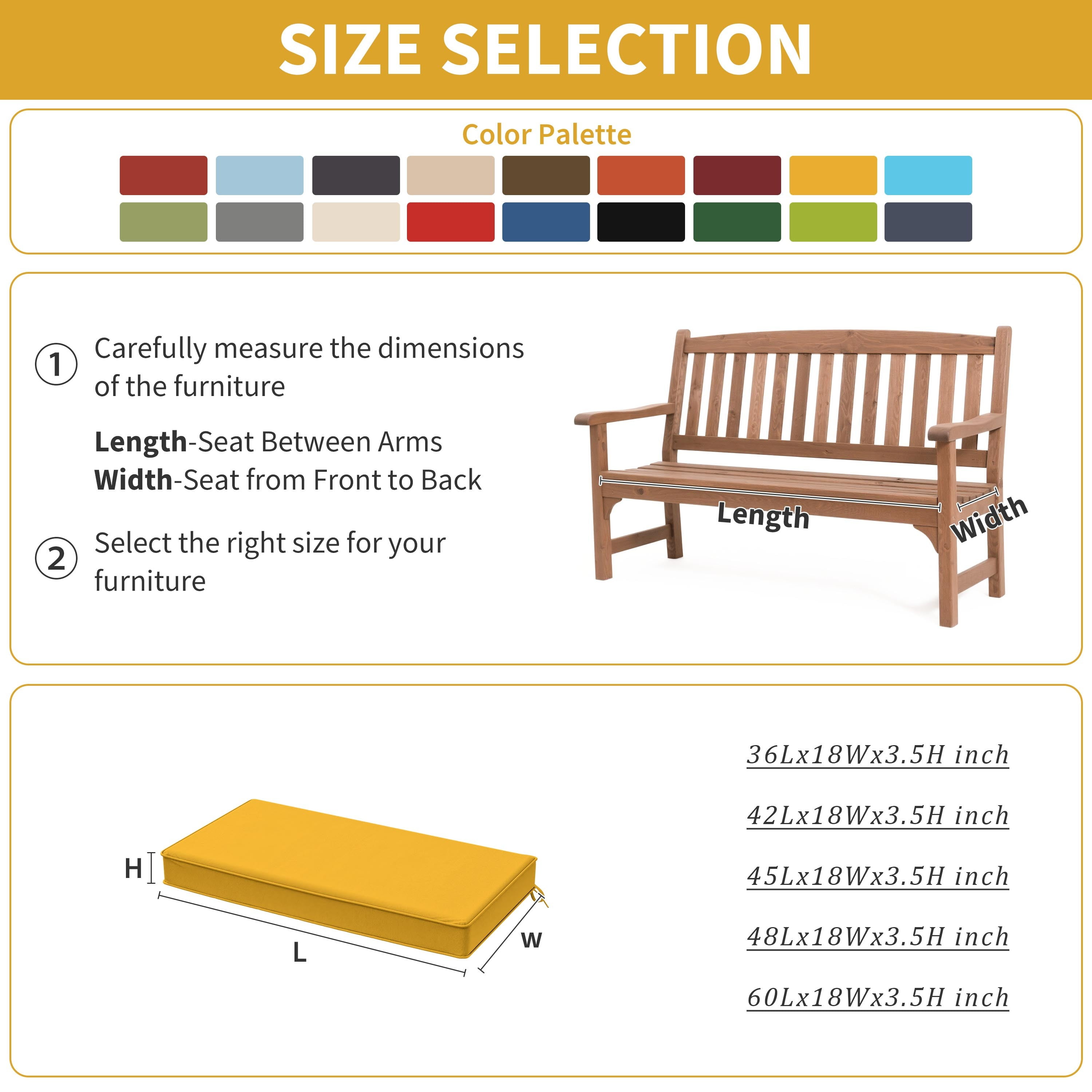 Kimunuk 36" x 18" x 3.5" Outdoor Bench Cushion Patio Furniture Replacement Cushion with Ties for Porch Swing Loveseat, Yellow