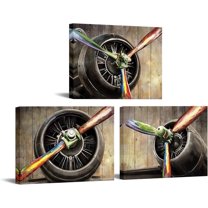 Hieng 3 Pieces Vintage Airplane Propeller Canvas Wall Art Plane Engine Artwork Rustic Aircraft Painting Print Pictures for Office Man Cave Decor(only canvas)