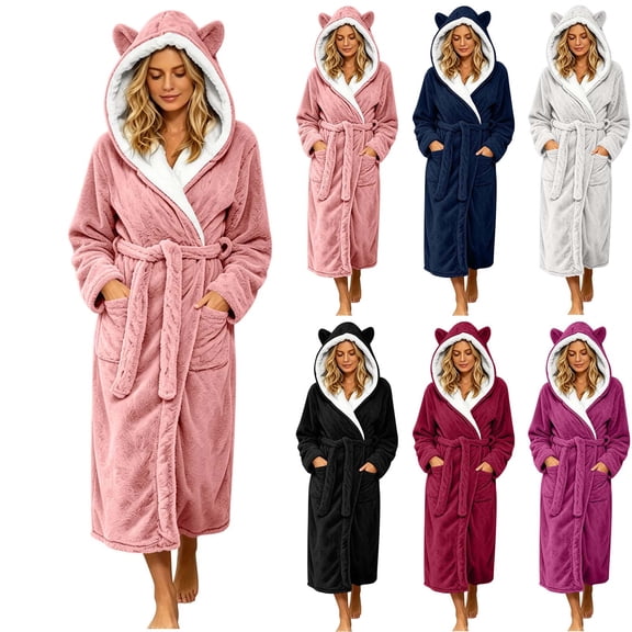 Womens Hooded Fleece Robe, Soft Bathrobe for Womens, Cute Long House Coat Pink XL(XL)