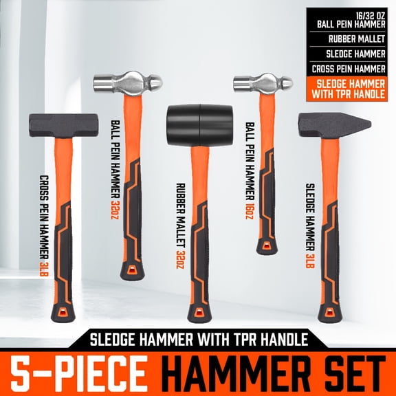 "5pcs Hammer Set - 16oz/32oz Ball Pein Hammer, 32oz Rubber Mallet, 3lb Sledge/Cross Peen Hammer - Heavy-Duty Hand Tool Kit"