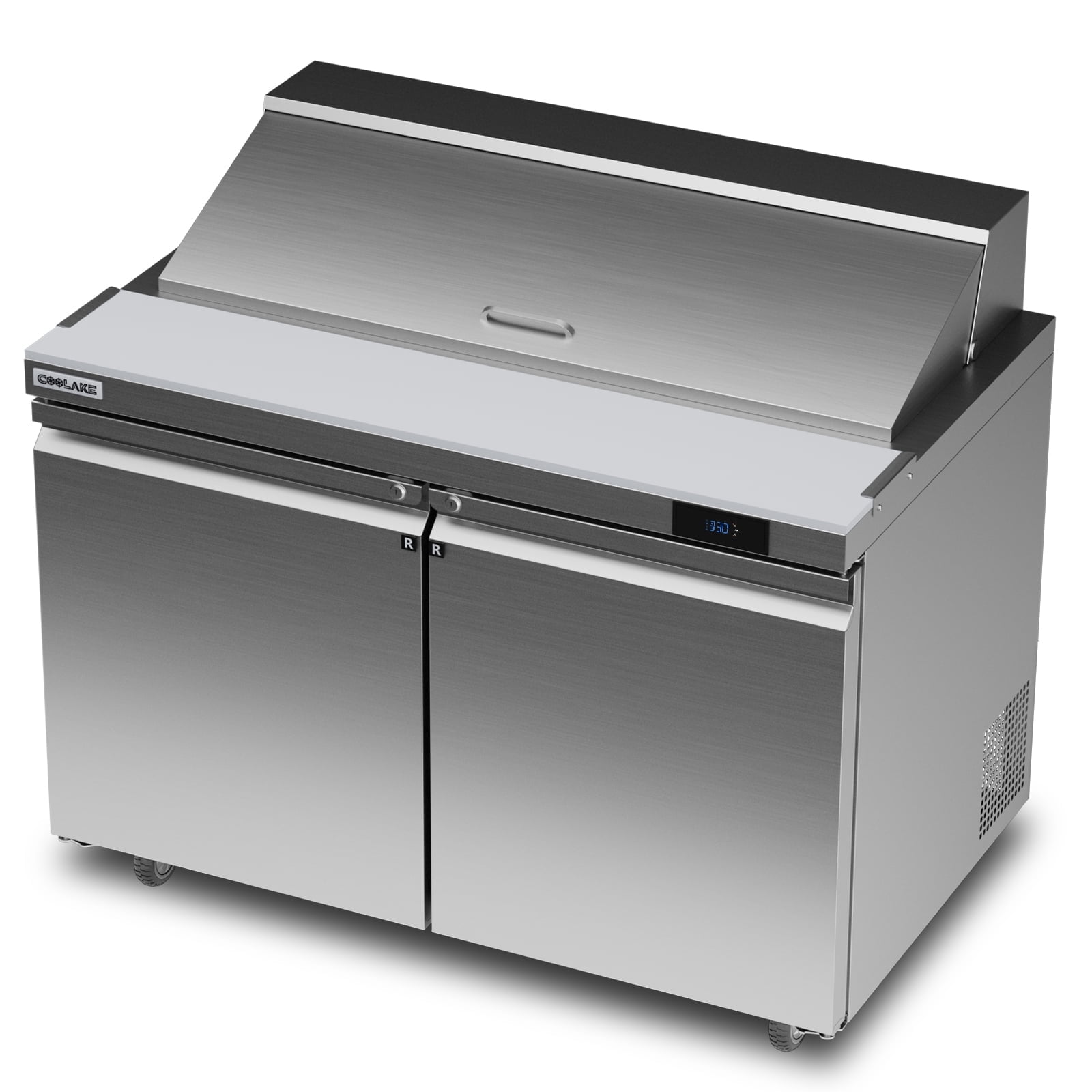 Coolake 48''W Commercial Salad Sandwich Prep Table Refrigerator, 2 Door Stainless Steel 13.5 Cu.ft Counter Fan Cooling Refrigerator