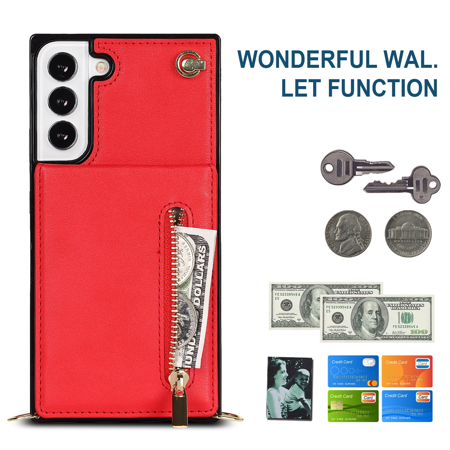 Dteck Flip Leather Wallet Case for Samsung Galaxy S24 Plus, Crossbody Wallet Case with Credit Card Holder Zipper Pocket Lanyard Shoulder Strap, Kickstand Phone Cover for Samsung S24 Plus,Red