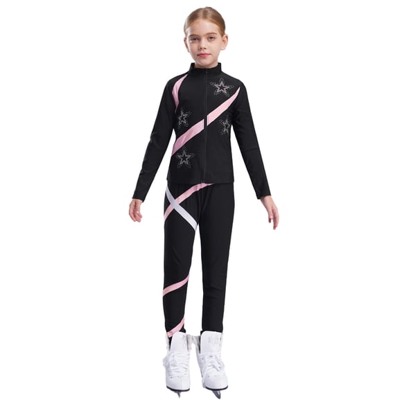 Hansber Kids Girls Ice Skating Training Outfits 2-Piece Long Sleeve Figure Skating Jacket with Tights Pants Set Pink 10