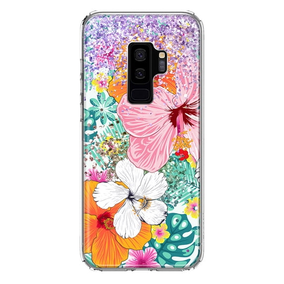 MUNDAZE Samsung Galaxy S9 Plus Shockproof Clear Hybrid Protective Phone Case Hawaiian Vibes Hibiscus Flowers Monstera Summer Cover
