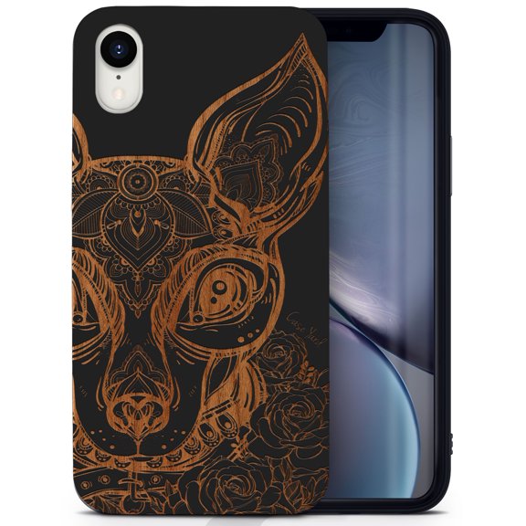 Wood phone case for iPhone XR compatible protective cell phone cover shockproof slim fit laser engraved Chihuahua design Black wood case for Men & Women by CaseYard