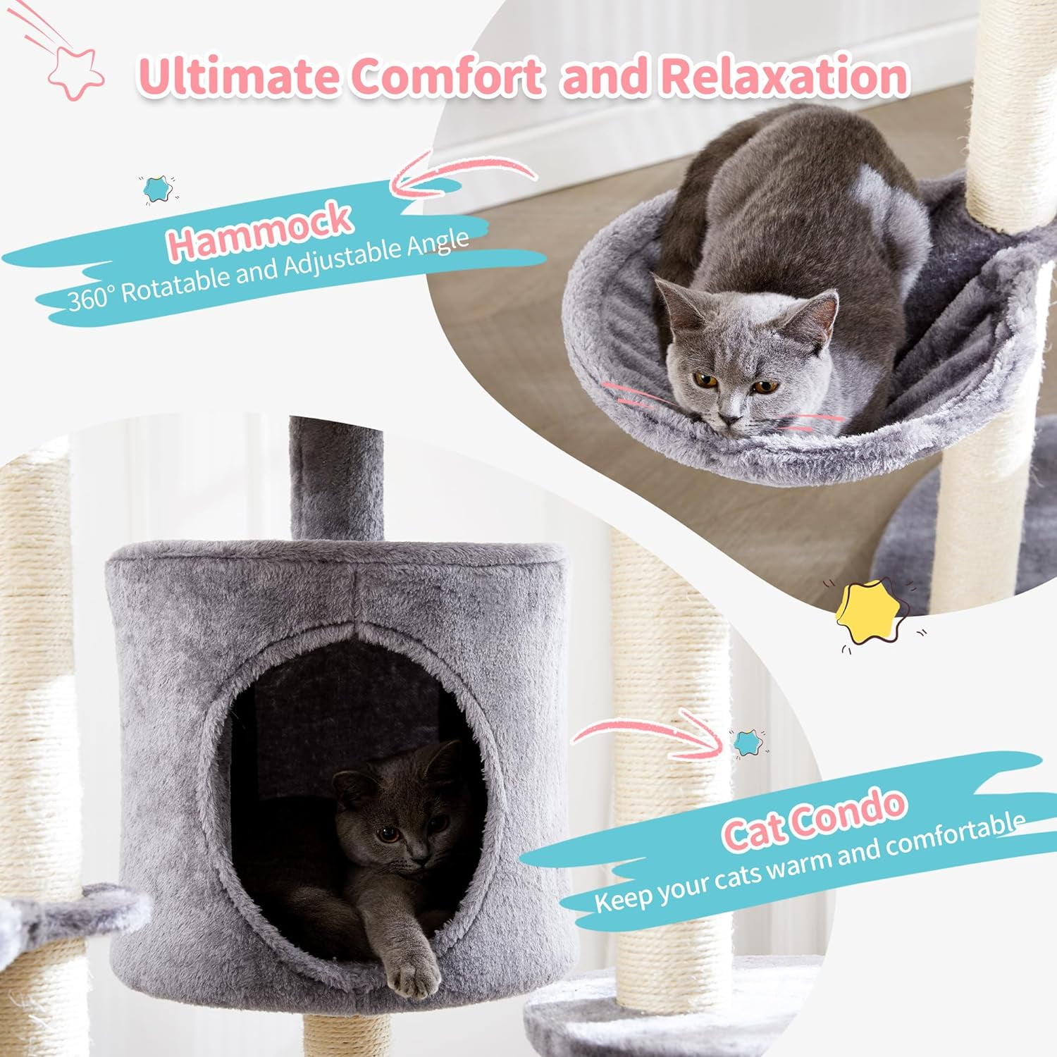 4 PETS Cat Tree for Indoor Cats, 60.2 inch Tall, 5-Level, Modern, Grey, Sisal Scratch Posts, Cat Condo with Hammock, Cat Tower for Large Breeds