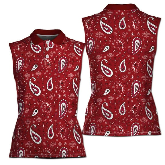 Paisley Bandana Pattern Burgundy Golf Women Sleeveless Polo XS-4XL