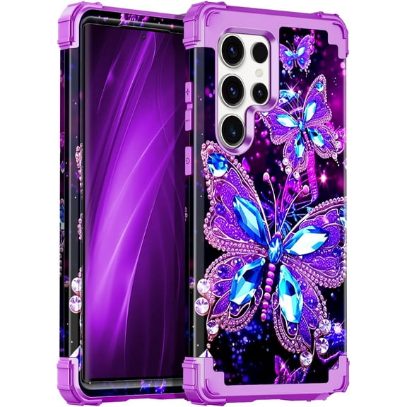 Casetego for Samsung Galaxy S22 Ultra 5G Case,Glow in The Dark Three Layer Heavy Duty Shockproof Protection Hard Plastic Bumper Soft Silicone Case for Galaxy S22 Ultra 6.8 inch,Dark Butterfly