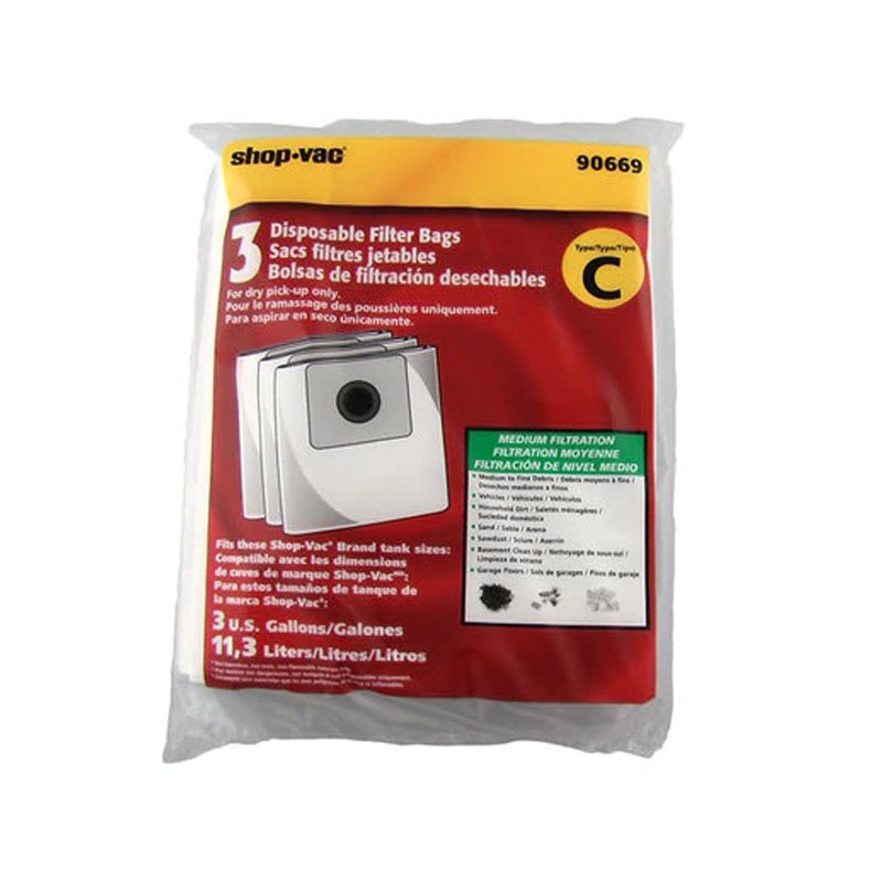 Shop Vac Type C, Vacuum 3 Gallon Paper Bag Works With All Around QS50 Models 3PK 90669