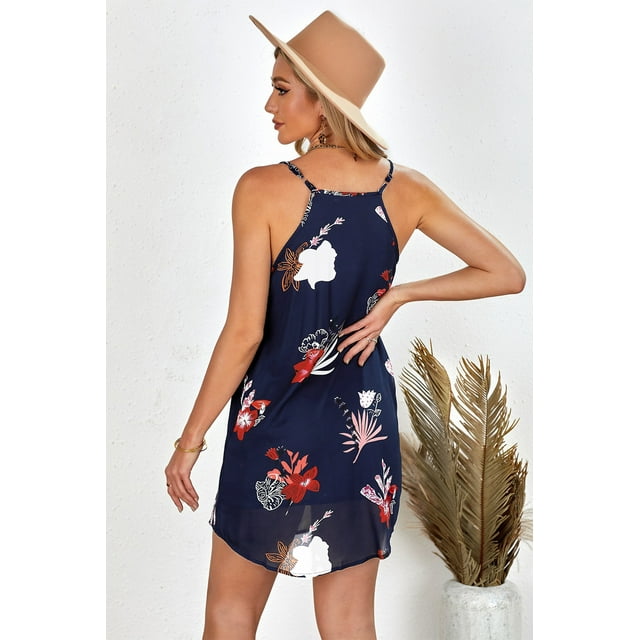 POGLIP Women's Blooming Red Flower Print Navy Sleeveless Dress