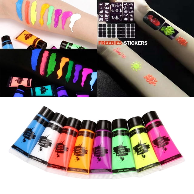 Pintura de lámpara Negra UV Neon para Cuerpo Luminosas (8 Botellas de 0,34 Oz Cada Una) - Pintura Fluorescente Reactiva a la lámpara Negra - BLESIY Pintura facial y corporal