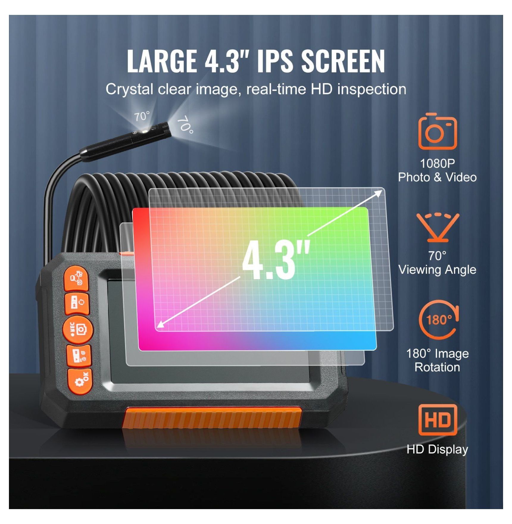 Endoscope Camera with Light, 49.2FT Borescope, 4.3" Screen 1080P, Dual Lens, 8+1 LED, 4X Zoom, IP67 Waterproof Inspection Camera for Automotive Plumbing HVAC