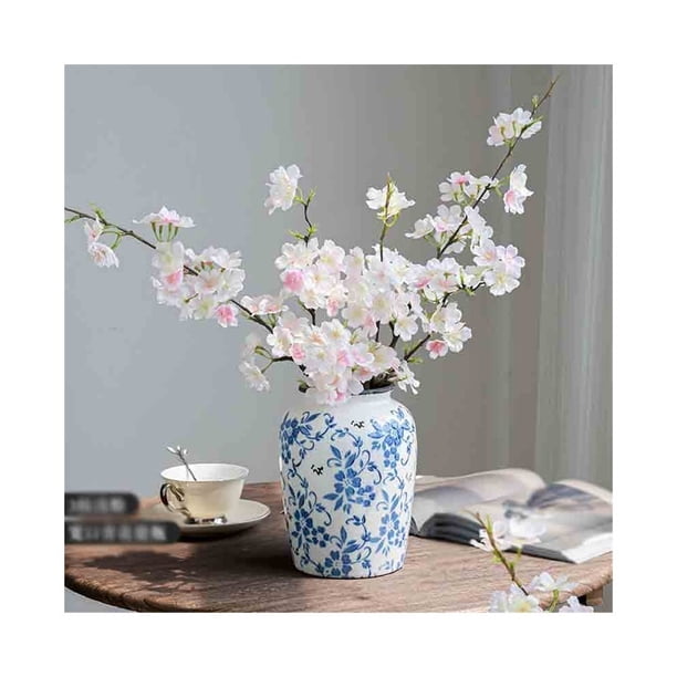 Con jarrón de simulación de flor de cerezo for sala de estar, flores falsas, adornos decorativos de interior, porcelana celadón