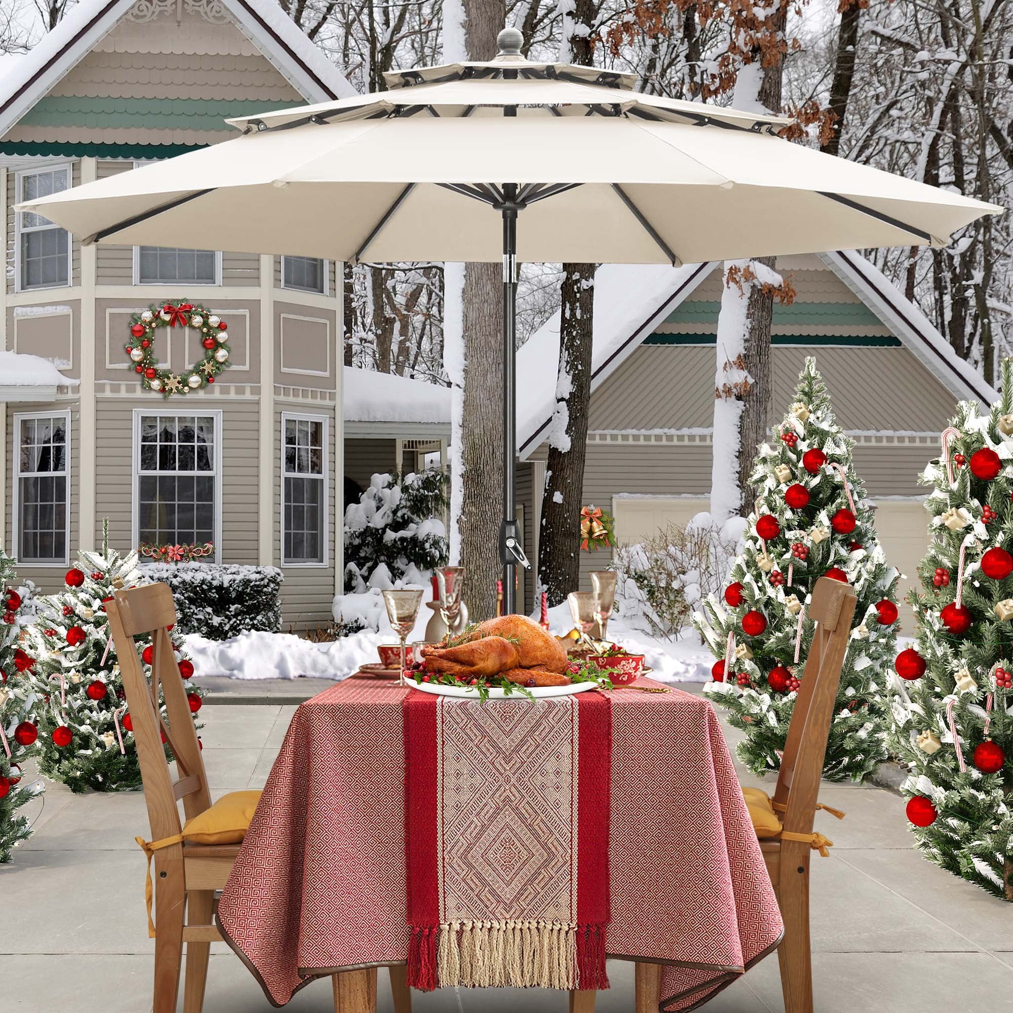 Autlaycil 10ft Beige Patio Umbrella with Push Button Tilt and Crank, 8 Sturdy Ribs UV Protection Waterproof for Garden, Deck, Table, Pool