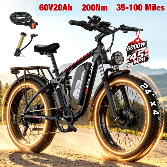 PUJH Fat Tire Dual Motor Electric Bike for Adults, 6OOOW, 60V, 45 mh, Long Range, 24 Inch, Full Suspension, Hydraulic Disc Brake, Off Road Ebike