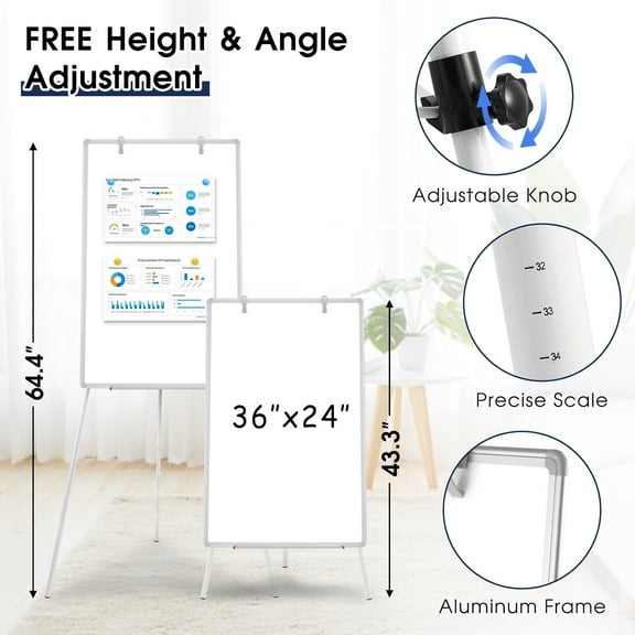 Magnetic Whiteboard Easel, 36"x24" Height Adjustable Dry Erase Board with Stand, Large Aluminium Frame White Board for Teaching, Flipchart Standing Writing Board for Office, Home (White)