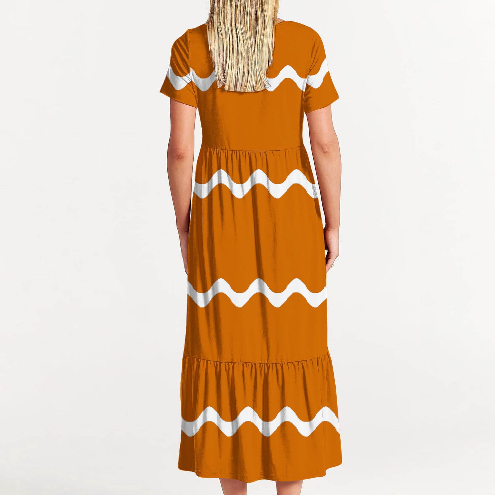 Womens Short Sleeve Mid Long Dress with Pockets Fashion Wave Striped Print Pleated Casual Tiered Maxi T-shirt Dress (Medium, Orange)