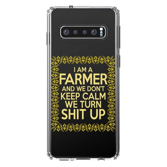 DistinctInk Clear Shockproof Hybrid Case for Samsung Galaxy S10 (6.1" Screen) - TPU Bumper Acrylic Back Tempered Glass Screen Protector - I'm a Farmer and We Don't Keep Calm