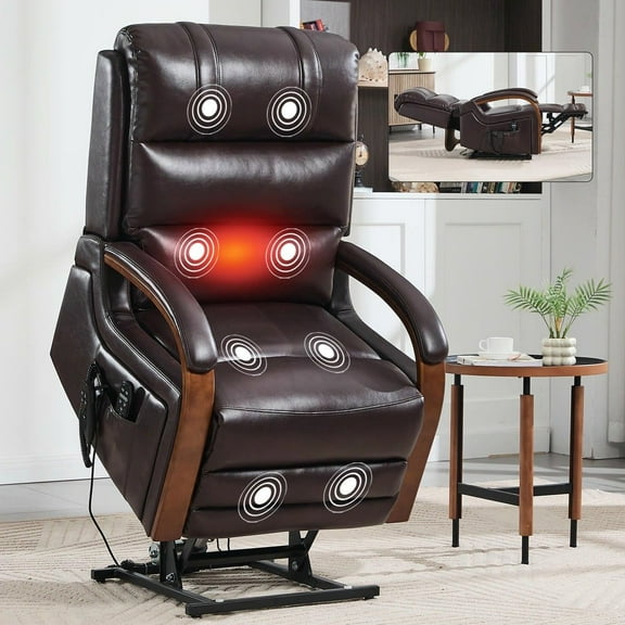Resenkos Recliner with Dual Motors, 8-Point Massage & Heat, Solid Wood Armrests, 350lb Capacity, Dark Brown