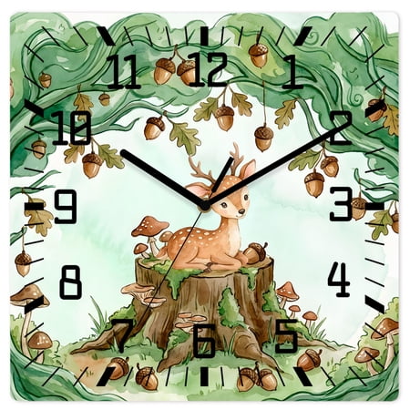 Wall Clock Woodland Deer Operated Square Clocks Wooden Silent Non-Ticking Wallclock 12 Inch Forest Acorns Mushroom Wood Wall Clock for Living Room Bedroom Office Shool Home Decor