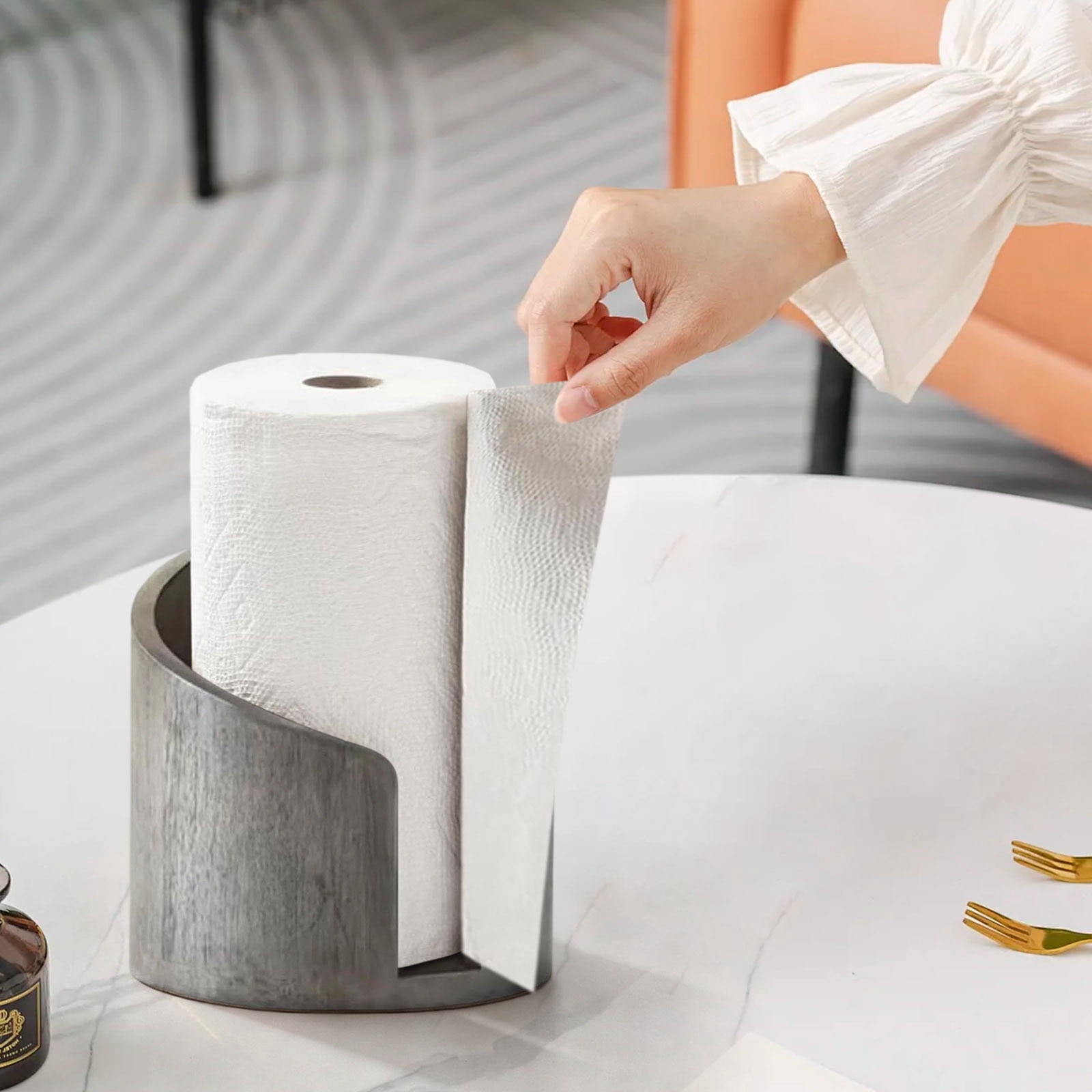 RoamHome Freestanding Paper Towel Holder for Kitchen Countertop with Wood Base and Iron Stand, One-Handed Tear, Fits All Roll Sizes, Sturdy and Stylish Bathroom Organizer