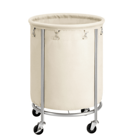 Laundry Basket with Wheels, Rolling Laundry Hamper, 45 Gal., Roun Laundry Cart with Steel Frame an e vable Bag, 4 Casters an 2 Brakes, Cream an Silver URLS01MZ