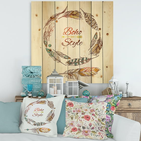 Designart 'Wreath Of Ethnic Beige Boho Feather' Bohemian & Eclectic Print on Natural Pine Wood
