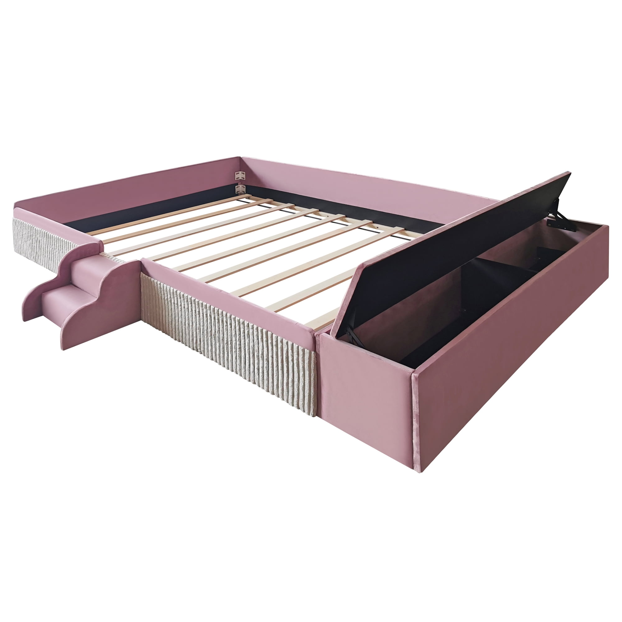 Leumius Queen Size Floor Bed Frame with Stairs & Gas Lift Storage Ottoman, Velvet Upholstered Daybed with Padded Guardrails, Pink+White
