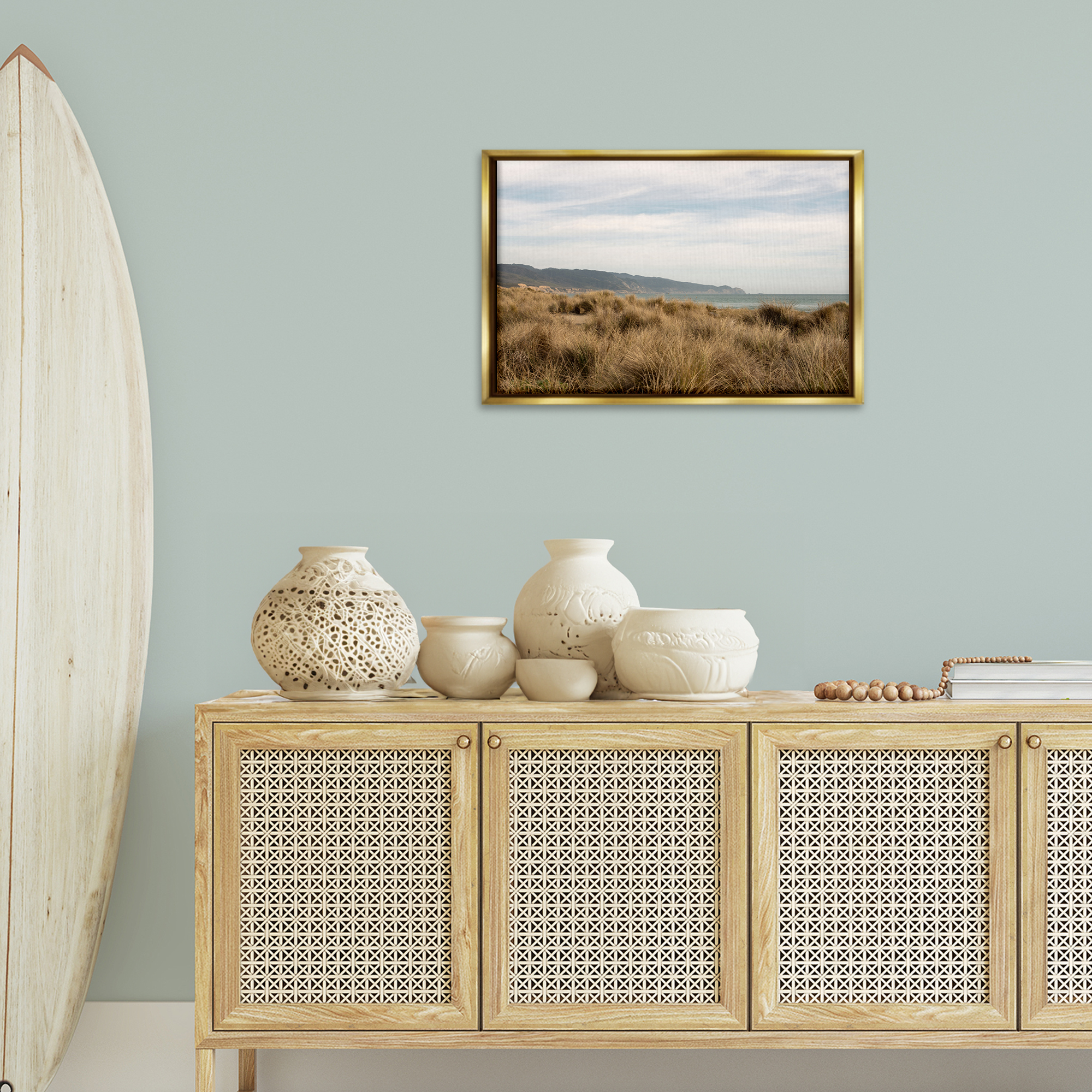 Stupell Industries Windy Grass Dunes View Landscape & Nature Photography Gold Floater Framed Canvas Art Print Wall Art, 25 x 17