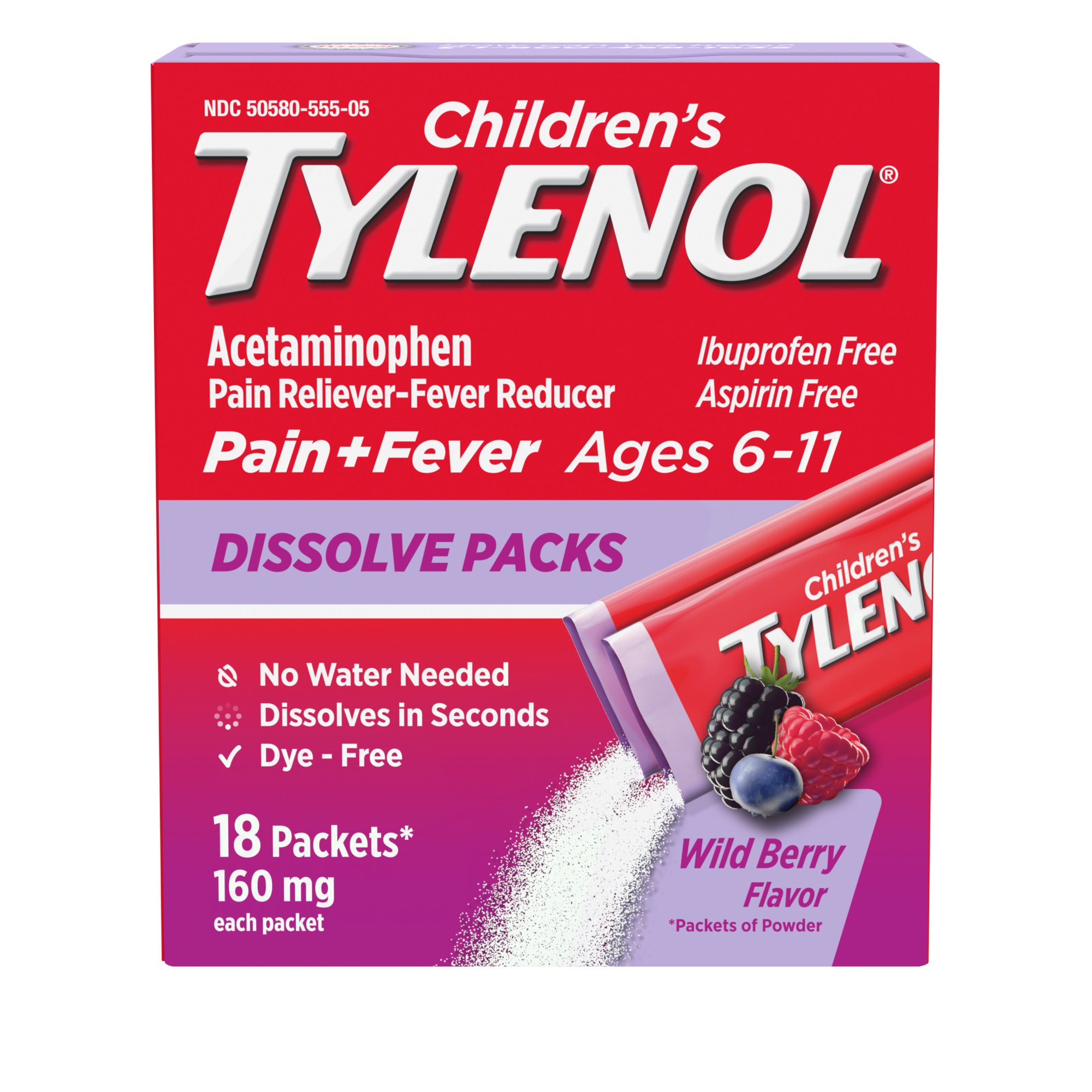 Children's Tylenol Acetaminophen Dissolve Packets, Wild Berry, 18 Count