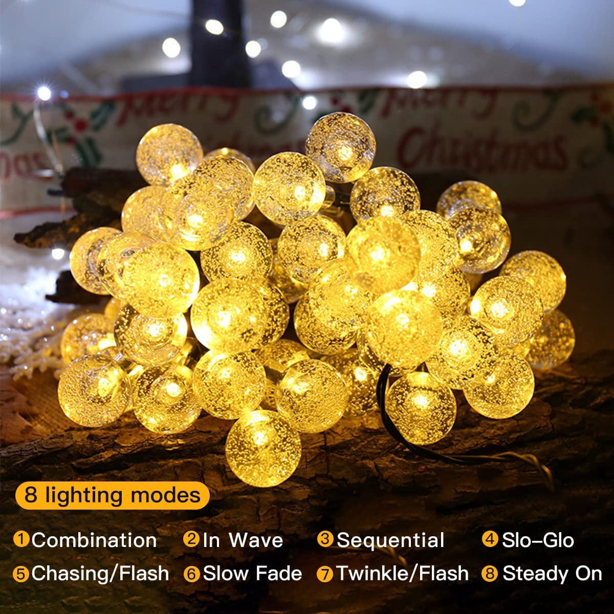GooingTop 2 Pack Solar Outdoor String Lights Waterproof,Each 30FT 60LED Crystal Globe Solar Twinkle Fairy Lights for Patio Gazebo Yard Garden Tree Outdoor Decorations(Warm White)