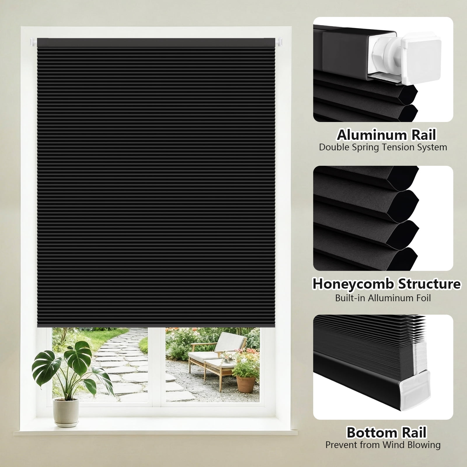 Jane Stone No Drill 34x48" Blackout Cellular Shades, Cordless Free Stop Honeycomb Blinds, Thermal Insulating & Noise Reducing Window Blinds, Black