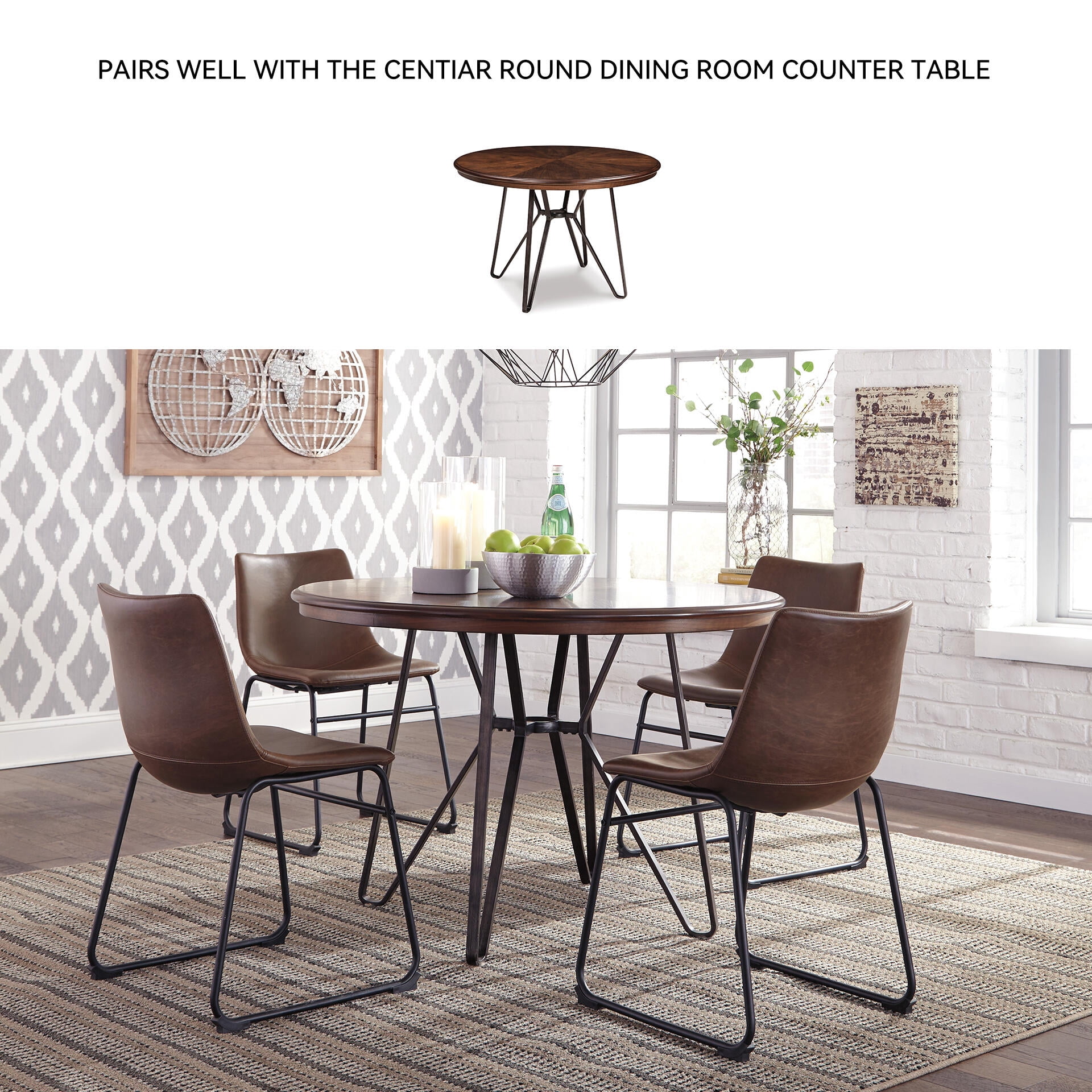 Signature Design by Ashley Centiar Mid-Century Dining Chairs Set of 2, Brown Faux Leather Bucket Seat Dining Chairs with Tubular Metal Base