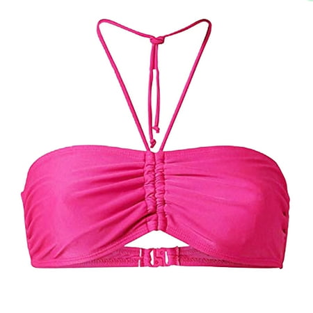 Swimear Women Halter Push Up Bikini Top Cheeky String Ruched Swimsuit Bathing Suit Padded Bandeau Top Plus Size S-5XL(3X-Large  Pink)