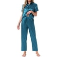 thumbnail image 2 of INSPIRE CHIC Womens Satin Pajama Set Silky Button Down Short Sleeve Lapel Shirt and Pants 2 Piece Loungewear Sets L Peacock Blue, 2 of 6