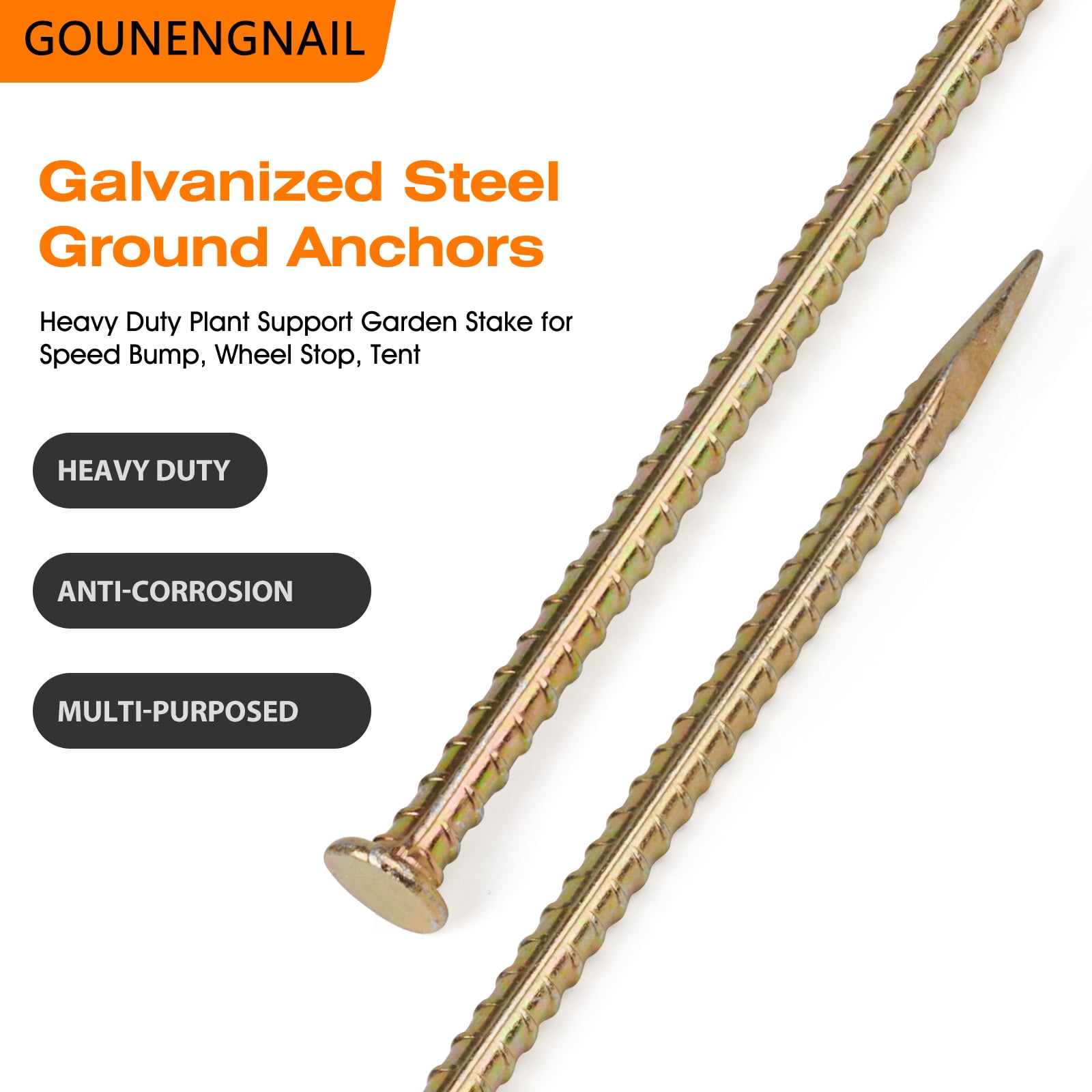 8 Pcs 16" Rebar Stakes Galvanized Steel Ground Anchors 1/2" Diameter - Heavy Duty for Plant Support Garden Stake Speed Bump, Wheel Stop, Tent