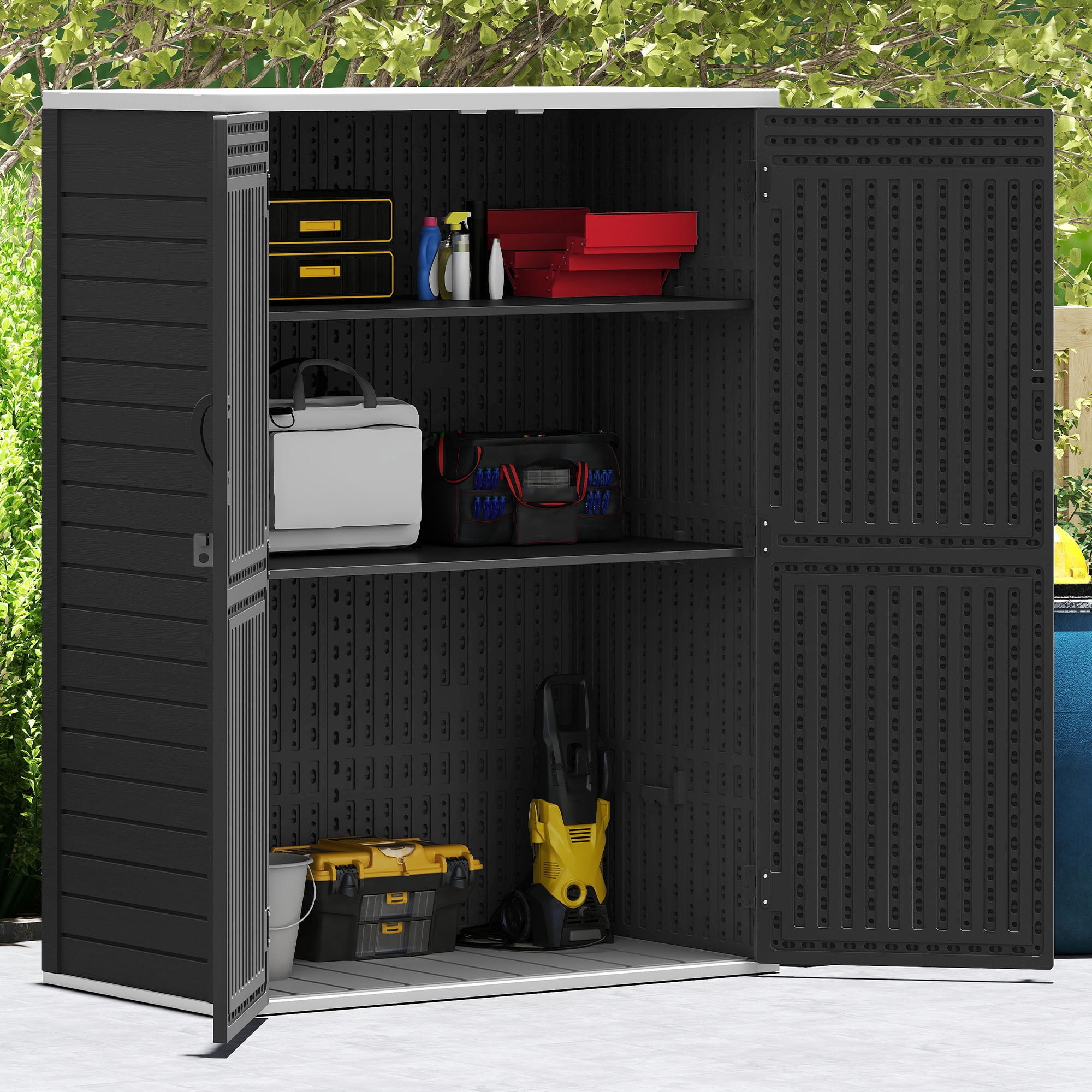 Uforic 59 Cu. Ft. Vertical Outdoor Storage Shed, Weatherproof Resin Cabinet with Double-Wall Panels & Floor, Lockable, Dark Gray (Shelves Not Included)