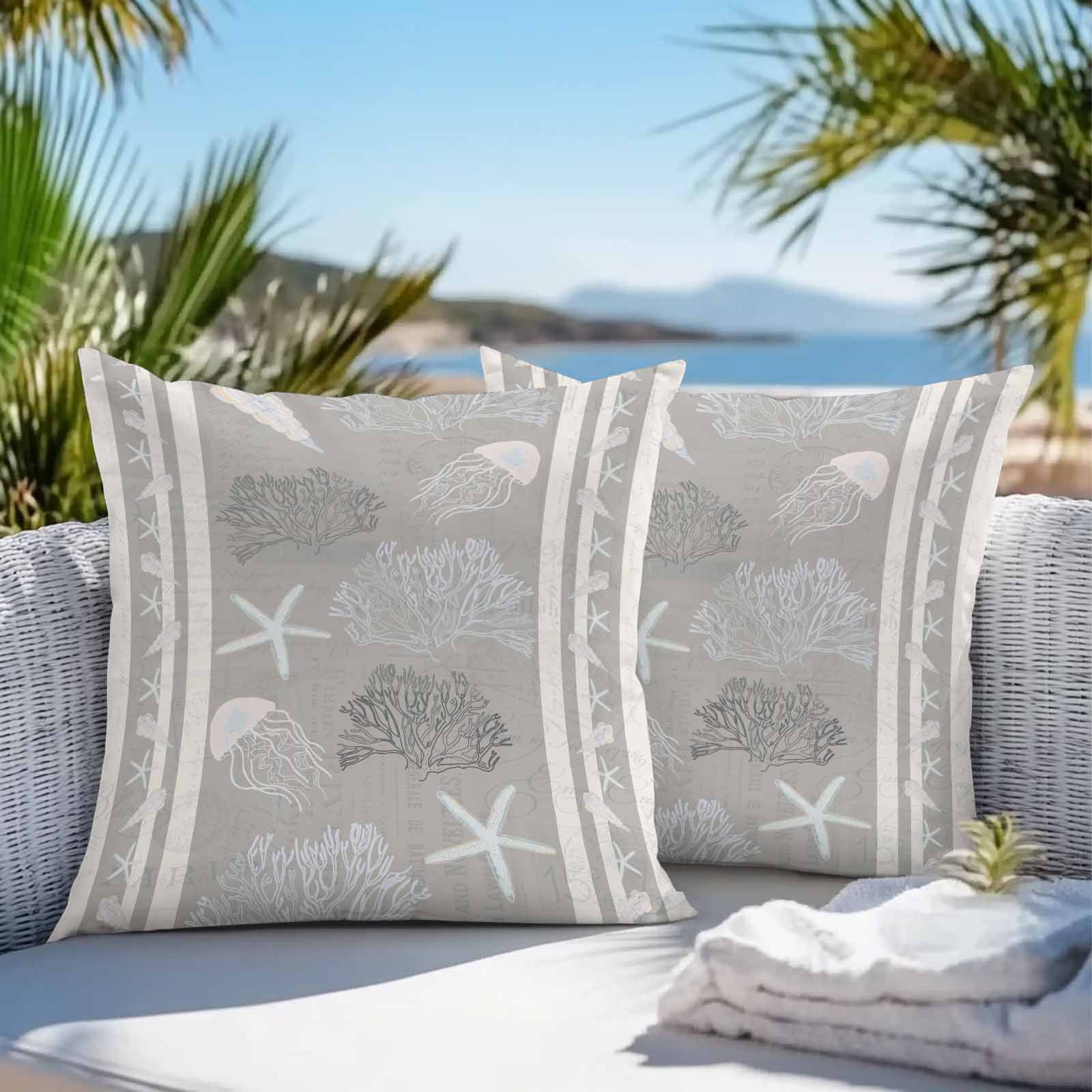 Outdoor Pillow Covers 24 x 24 Inches, Gray Coastal Waterproof Throw Pillow Cover Set of 2, Nautical Beach Summer Sea Starfish Coral Decorative Square Cushion Covers for Patio/Tent/Couch/Garden