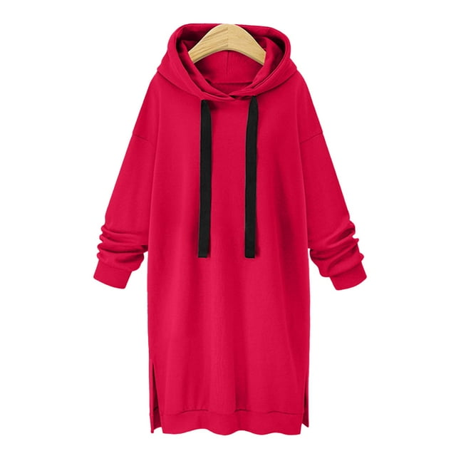 Fartey Womens Oversized Long Fleece Hoodies with Drawstring Fashion Solid Color Long Sleeve Sweatshirts Fall Winter Split Hem Hoodie
