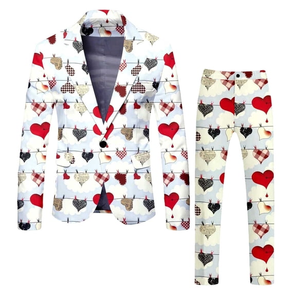 ZHOUCHANKIDS Mens Valentine's Day Two Piece Suit Set Featuring A Full Rose Print Design On Jacket And Pants White XXXL