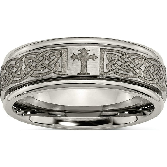 Titanium Brushed & Polished Cross Laser Design 8mm Ridged Edge Band (Size 8) Made In China tb11k-8