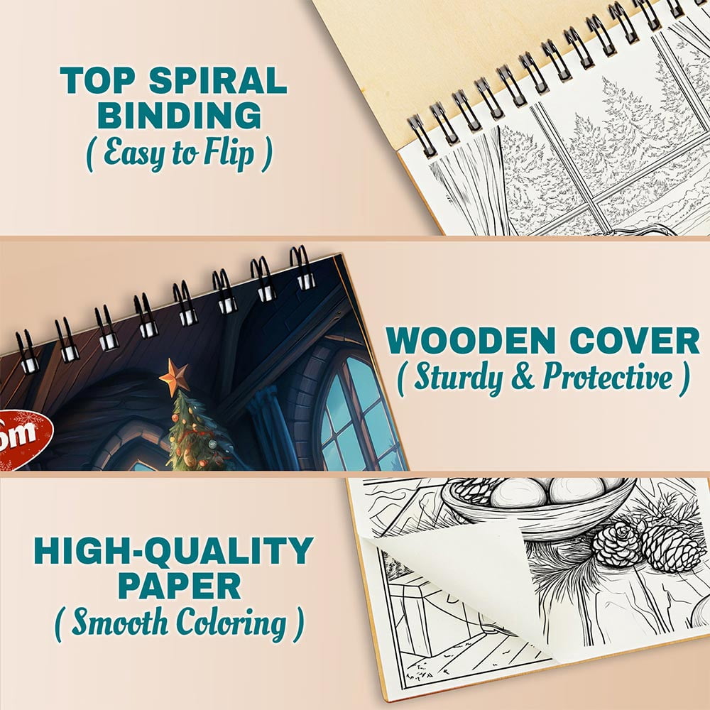 Netecom Cozy Winter Coloring Book Spiral Bound for Adults, A5 Wooden Cover, 30 Beautiful Coloring Pages of Warm Holiday for Stress Relief and Relaxation