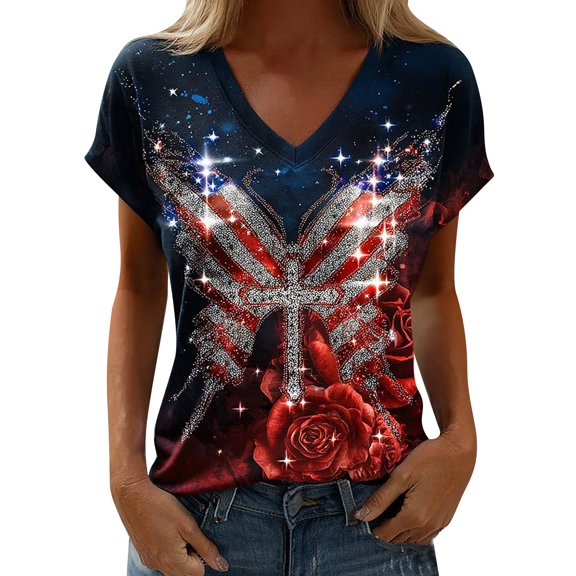 MEICHEN Women's V Neck Butterfly & Rose Print T Shirt Patriotic Glitter Graphic Casual Top
