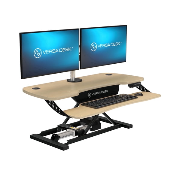 VersaDesk PowerPro Elite X-Large Electric Standing Desk Converter, MDF & Steel, App Controlled, USB Charging, LED Lights, Split-Level | Maple, (48x24)